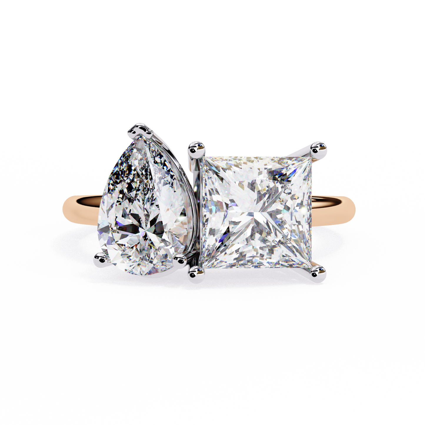 two-stone pear & princess cut diamond ring – dual brilliance in 925 silver, 10k / 14k gold, or platinum – finora symbolic design of love & harmony – meaningful gift for her