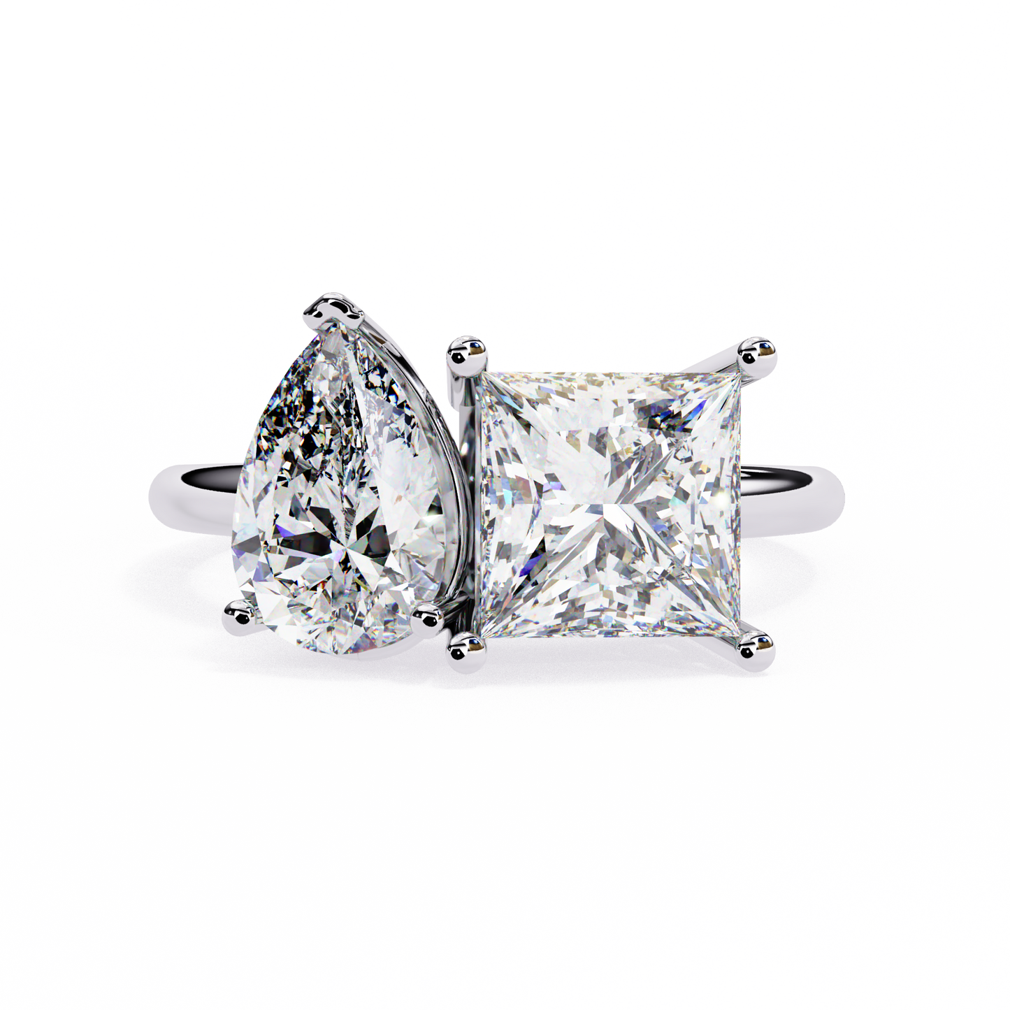 two-stone pear & princess cut diamond ring – dual brilliance in 925 silver, 10k / 14k gold, or platinum – finora symbolic design of love & harmony – meaningful gift for her