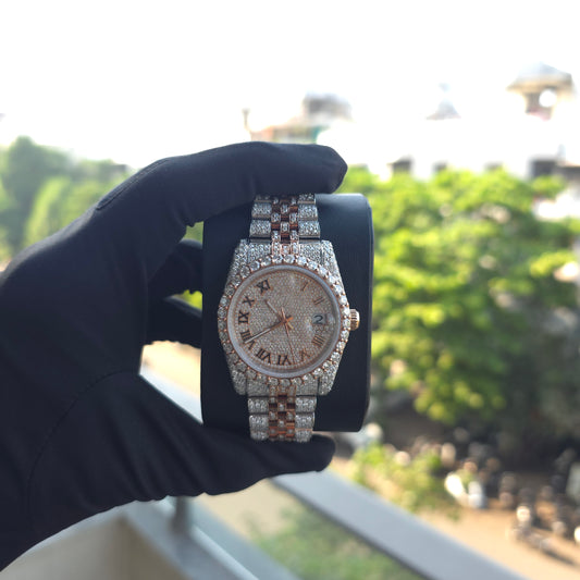 Men’s VVS Moissanite Watch | Jubilee Bracelet | 41MM | Bust Down | Rose & White