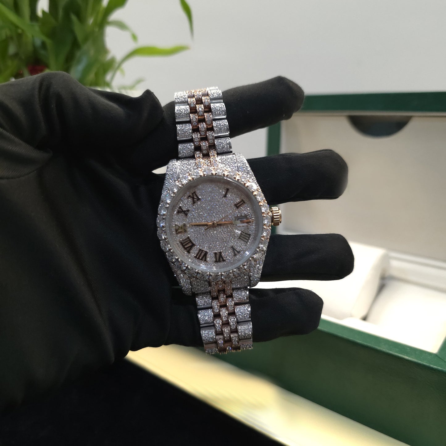 men’s vvs moissanite watch | jubilee bracelet | 41mm | bust down | rose & white