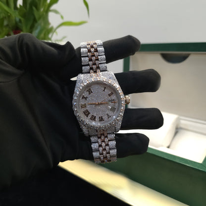 Men’s VVS Moissanite Watch | Jubilee Bracelet | 41MM | Bust Down | Rose & White