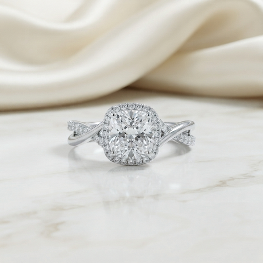 1.30 CT Round Cut Moissanite Halo Engagement Ring with Twisted Split Shank | 925 Silver & 10K/14K Gold | Finora Jewelry