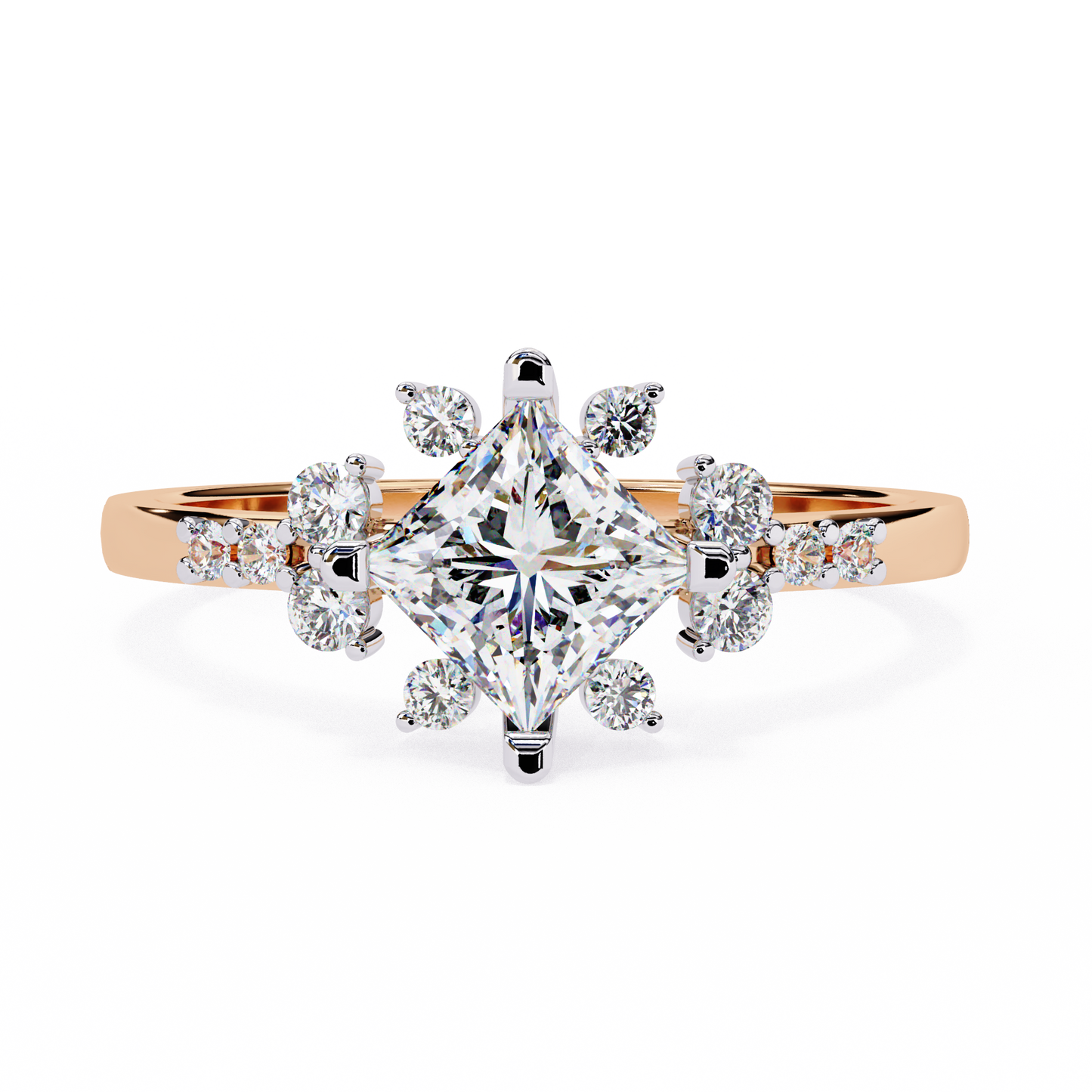 princess cut diamond cluster engagement ring – regal radiance in 925 silver, 10k/14k yellow, white & rose gold, or platinum – finora elegant snowflake-inspired design for her