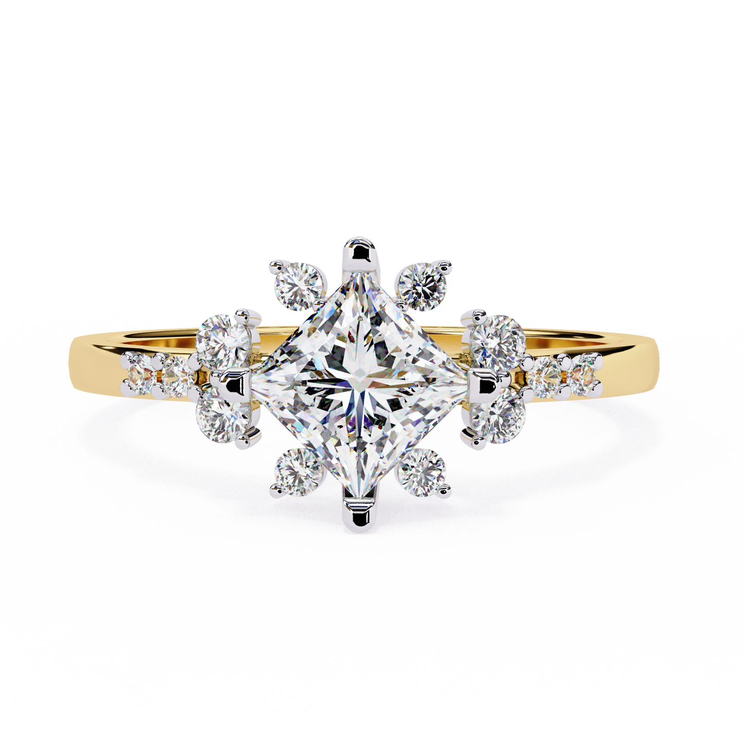 princess cut diamond cluster engagement ring – regal radiance in 925 silver, 10k/14k yellow, white & rose gold, or platinum – finora elegant snowflake-inspired design for her