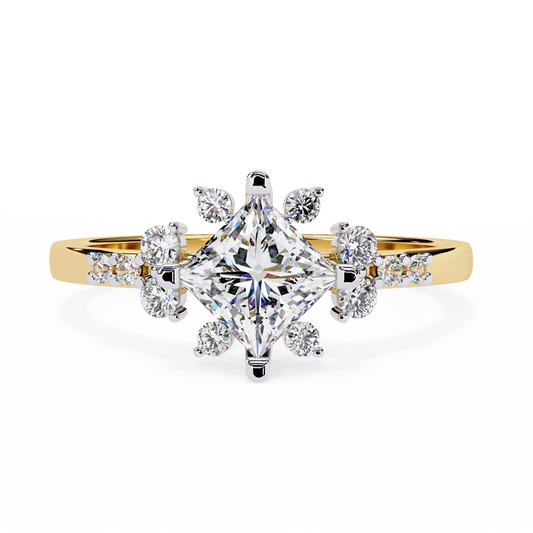 Princess Cut Diamond Cluster Engagement Ring – Regal Radiance in 925 Silver, 10K/14K Yellow, White & Rose Gold, or Platinum – Finora Elegant Snowflake-Inspired Design for Her