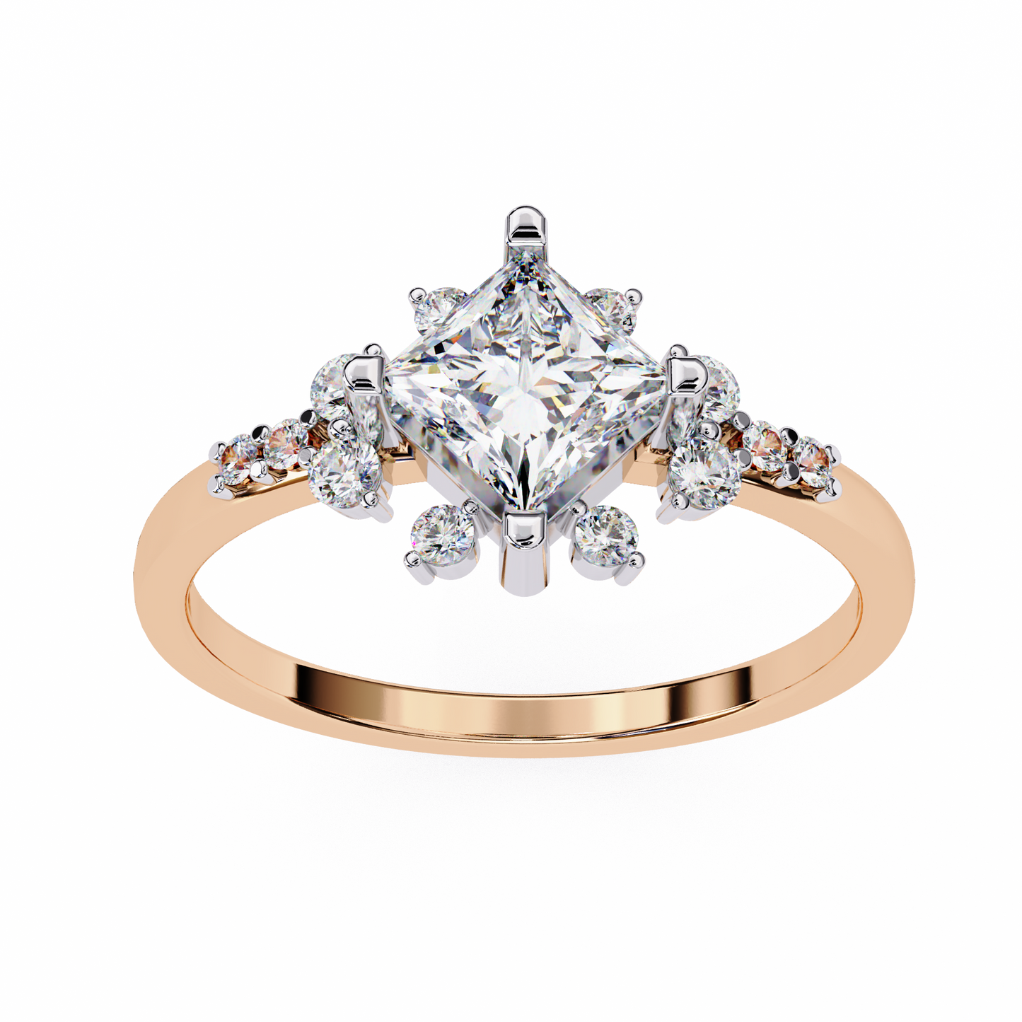 princess cut diamond cluster engagement ring – regal radiance in 925 silver, 10k/14k yellow, white & rose gold, or platinum – finora elegant snowflake-inspired design for her