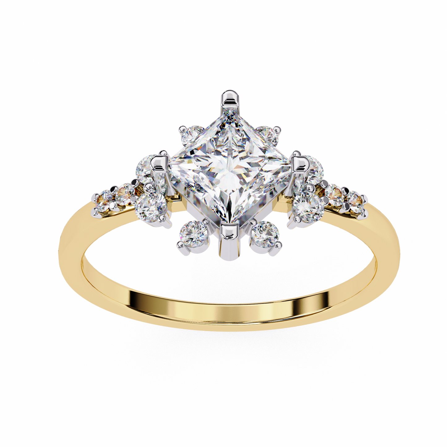 princess cut diamond cluster engagement ring – regal radiance in 925 silver, 10k/14k yellow, white & rose gold, or platinum – finora elegant snowflake-inspired design for her