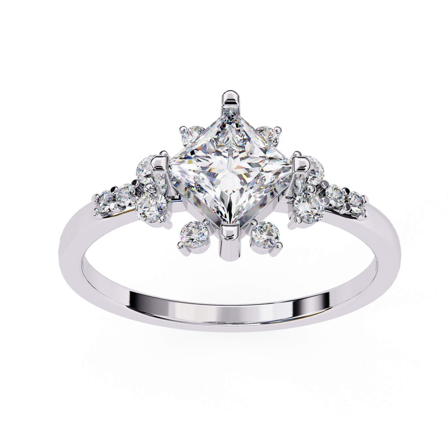 princess cut diamond cluster engagement ring – regal radiance in 925 silver, 10k/14k yellow, white & rose gold, or platinum – finora elegant snowflake-inspired design for her