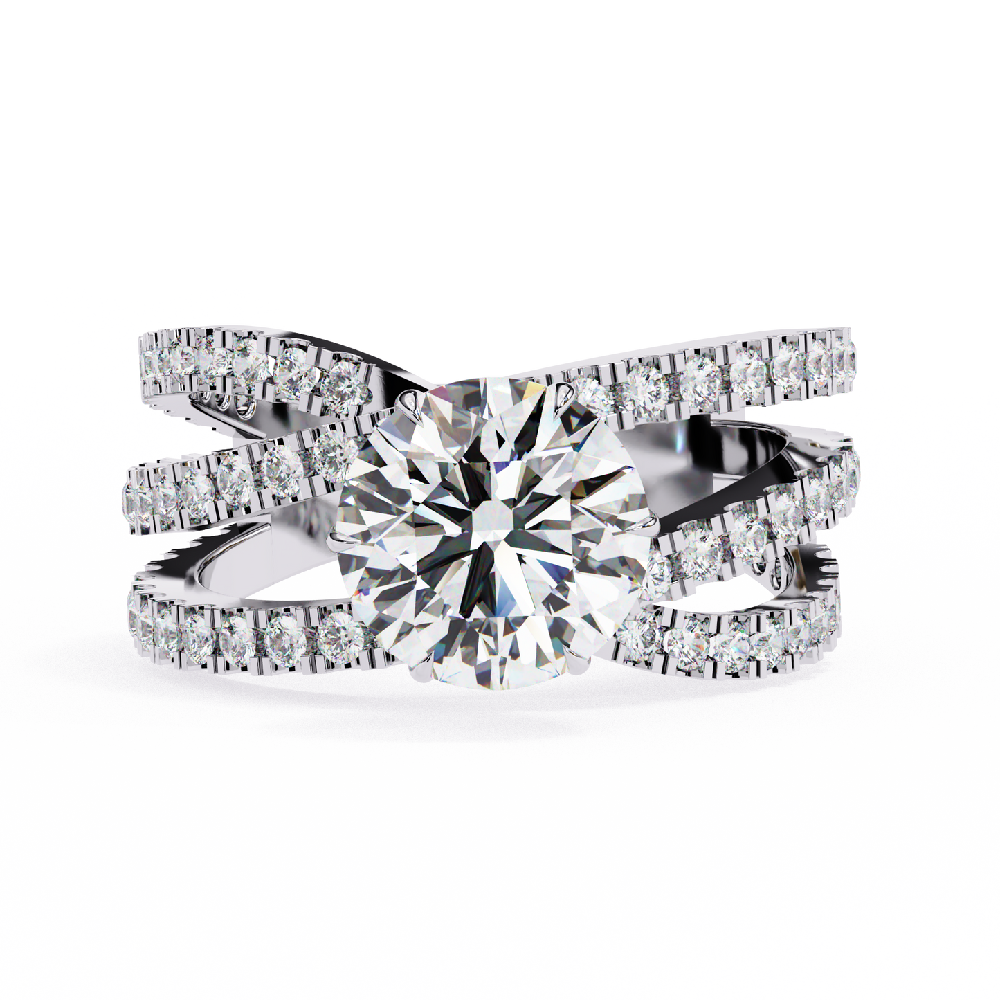 round cut multi-band diamond engagement ring – intricate split shank design in 925 silver, 10k/14k rose, white & yellow gold, or platinum – finora statement sparkle for her