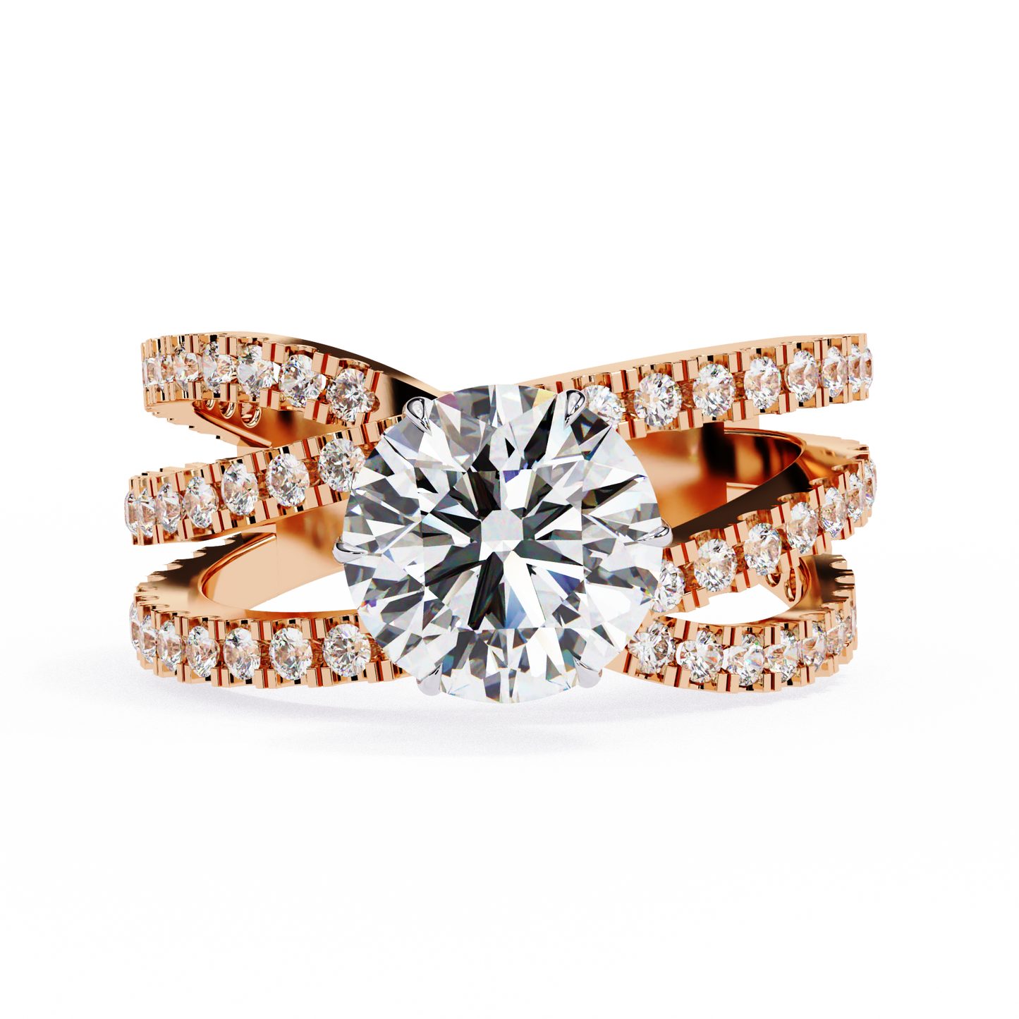 round cut multi-band diamond engagement ring – intricate split shank design in 925 silver, 10k/14k rose, white & yellow gold, or platinum – finora statement sparkle for her