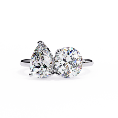Two-Stone Pear & Round Cut Diamond Engagement Ring – Dual Brilliance in 925 Silver, 10K / 14K Gold, or Platinum – Finora Romantic Symbol of Love’s Harmony – Elegant Gift for Her