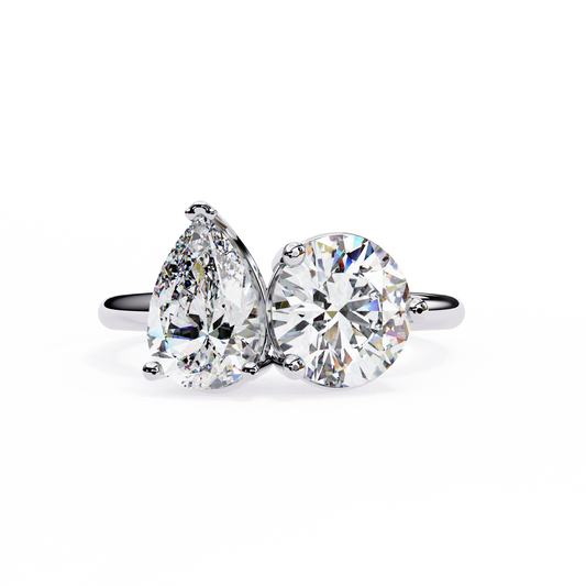 Two-Stone Pear & Round Cut Diamond Engagement Ring – Dual Brilliance in 925 Silver, 10K / 14K Gold, or Platinum – Finora Romantic Symbol of Love’s Harmony – Elegant Gift for Her