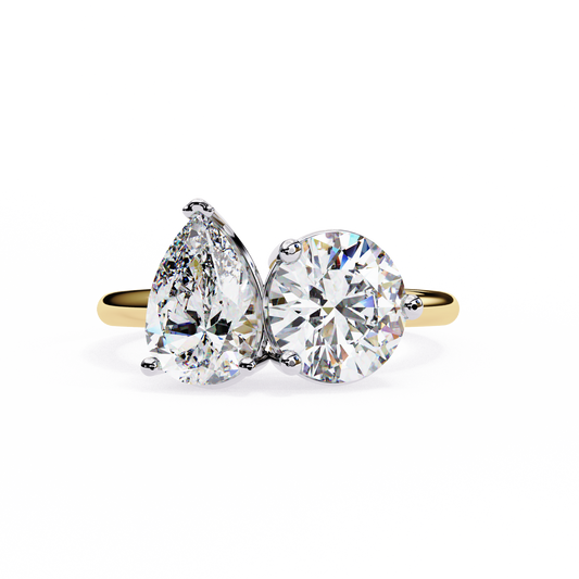 Two-Stone Pear & Round Cut Diamond Engagement Ring – Dual Brilliance in 925 Silver, 10K / 14K Gold, or Platinum – Finora Romantic Symbol of Love’s Harmony – Elegant Gift for Her