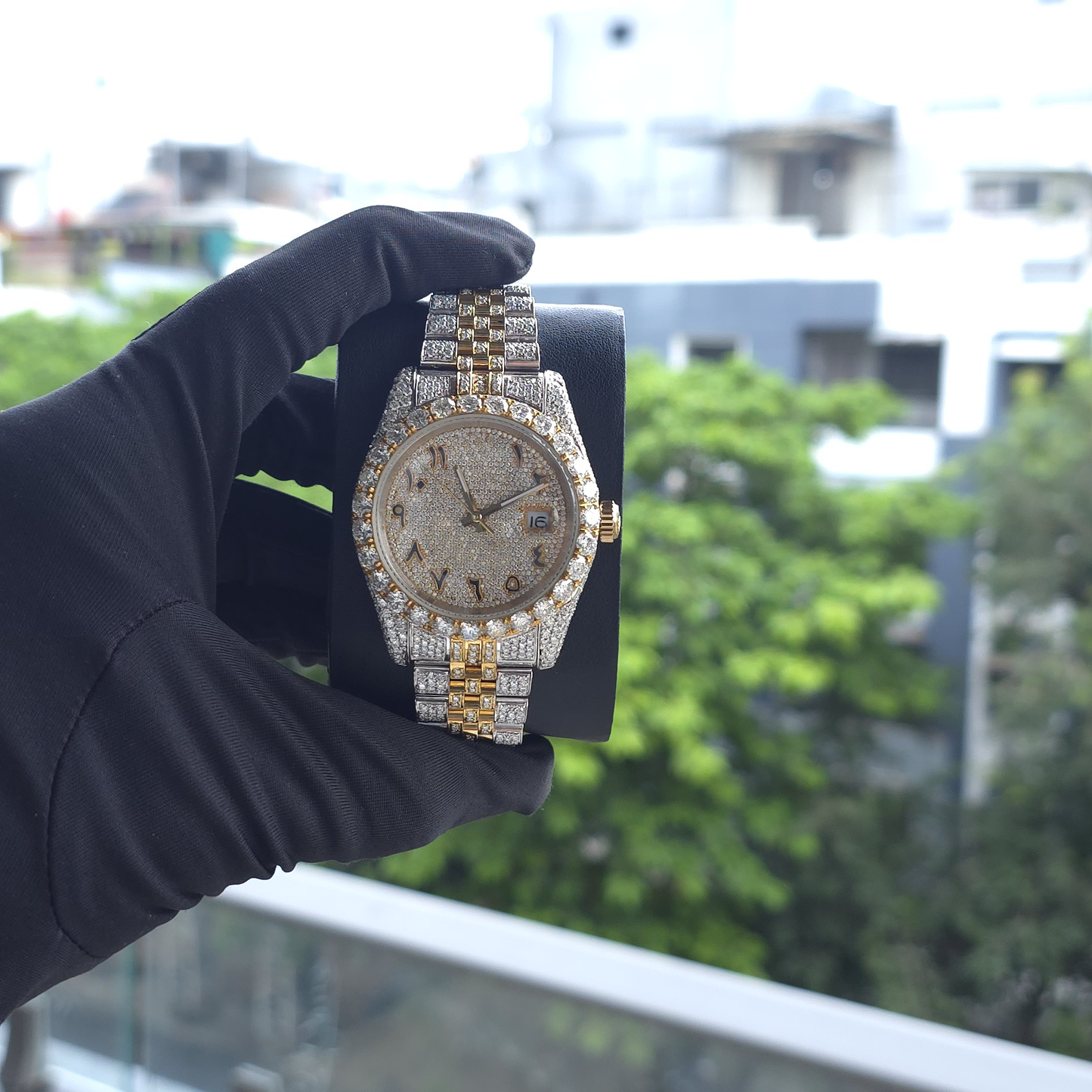 men’s iced out watch | 41mm | two tone white & yellow | champagne dial | arabic numerals