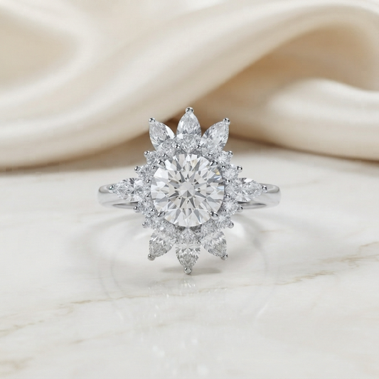 5.41 CT Round Cut Moissanite Halo Engagement Ring with Pear & Round Side Stones | Finora Jewelry