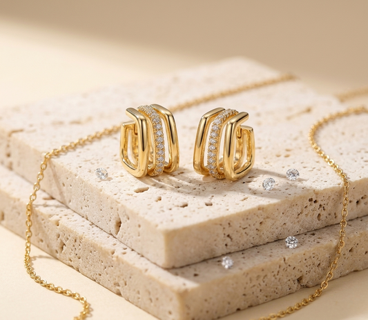 Triple-Band Square Hoop Earrings with Pave Center