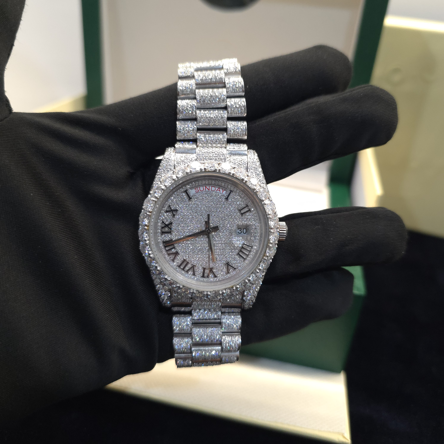 men’s iced out watch | 41mm | white | day-date | roman numeral dial