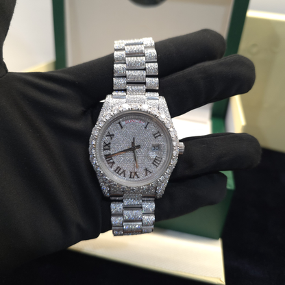 Men’s Iced Out Watch | 41MM | White | Day-Date | Roman Numeral Dial