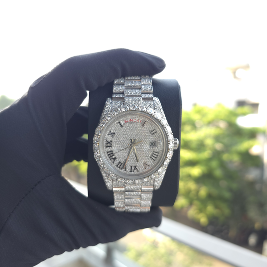 Men’s Iced Out Watch | 41MM | White | Day-Date | Roman Numeral Dial