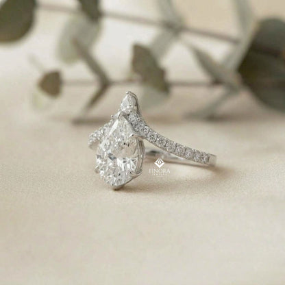 Pear Cut Diamond Engagement Ring with Accent Pear & Pavé Band in 925 Silver, 10K/14K Gold, or Platinum – Finora Jewelry