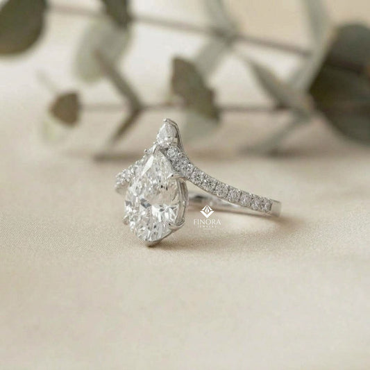 Pear Cut Diamond Engagement Ring with Accent Pear & Pavé Band in 925 Silver, 10K/14K Gold, or Platinum – Finora Jewelry