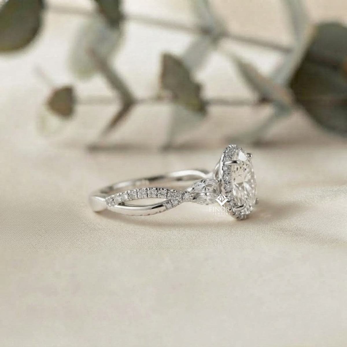 finora jewelry oval halo diamond engagement ring – twisted pavé band with pear accents – available in 10k, 14k gold (white, rose, yellow), 925 sterling silver & platinum