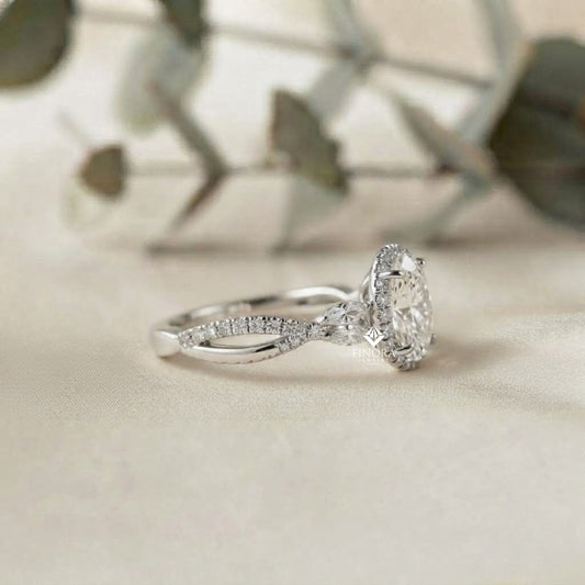 Finora Jewelry Oval Halo Diamond Engagement Ring – Twisted Pavé Band with Pear Accents – Available in 10K, 14K Gold (White, Rose, Yellow), 925 Sterling Silver & Platinum