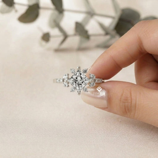 Princess Cut Diamond Cluster Engagement Ring – Regal Radiance in 925 Silver, 10K/14K Yellow, White & Rose Gold, or Platinum – Finora Elegant Snowflake-Inspired Design for Her