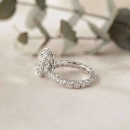 Oval Cut Diamond Solitaire with Hidden Halo and Pave Band - Luxury Fine Jewelry