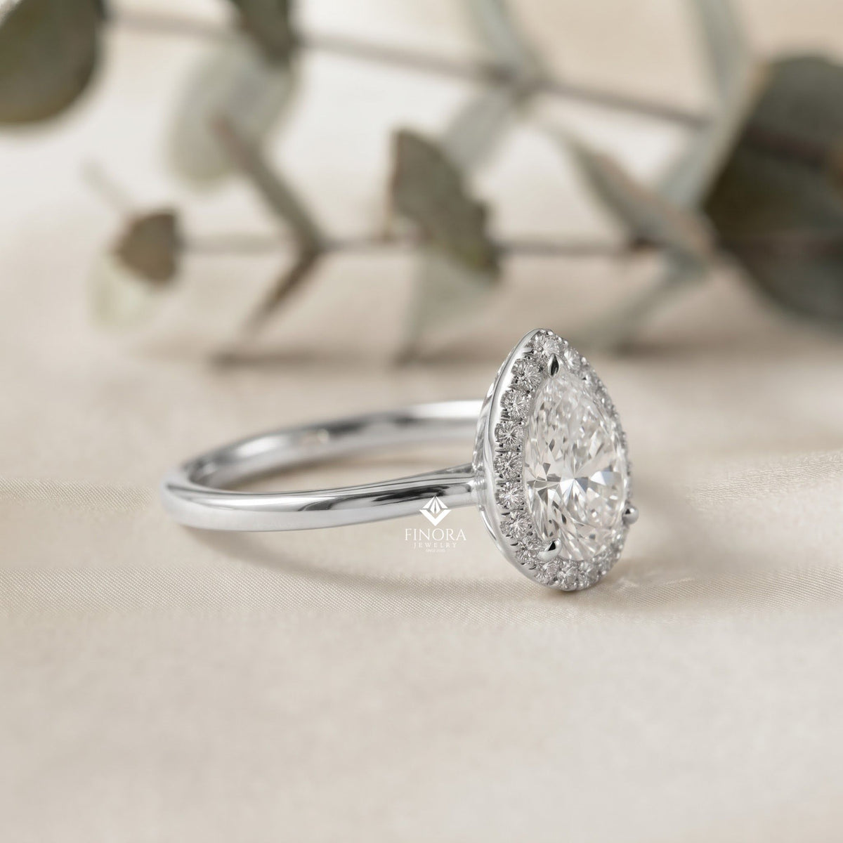 pear cut moissanite halo engagement ring – 925 silver / 10k / 14k / platinum / white / yellow / rose gold – finora jewelry