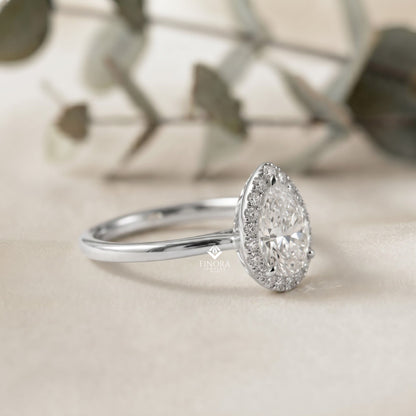 Pear Cut Moissanite Halo Engagement Ring – 925 Silver / 10K / 14K / Platinum / White / Yellow / Rose Gold – Finora Jewelry