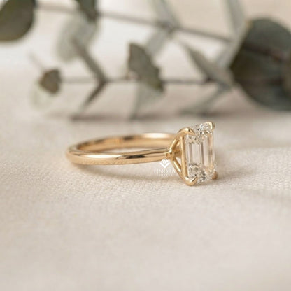 Emerald Cut Colorless Moissanite Ring  –  Minimalist Bridal Jewelry