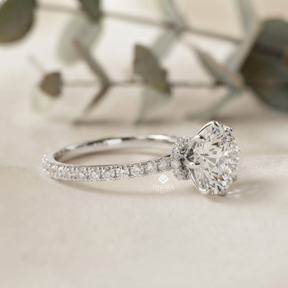 Round Brilliant Moissanite Engagement Ring with Pavé Diamond Band – Classic Four-Prong Solitaire in White, Yellow, or Rose Gold | Finora Jewelry