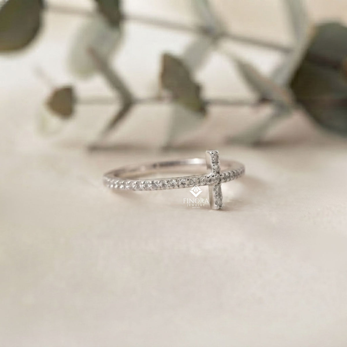 dainty diamond cross ring – minimalist horizontal cross band