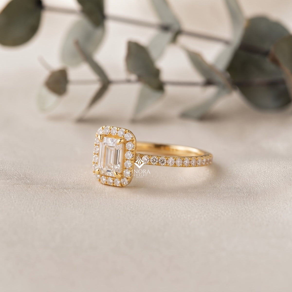 emerald cut halo ring – dainty pave engagement ring  – romantic gold bridal jewelry