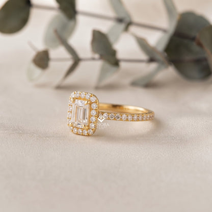 Emerald Cut Halo Ring – Dainty Pave Engagement Ring  – Romantic Gold Bridal Jewelry