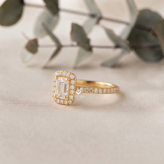 Emerald Cut Halo Ring – Dainty Pave Engagement Ring  – Romantic Gold Bridal Jewelry
