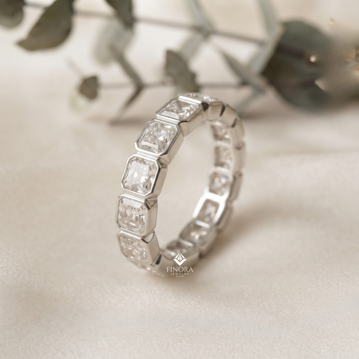 asscher cut moissanite eternity wedding band, luxury statement ring – finora jewelry