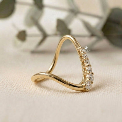 Wave Diamond Stacking Ring –  Minimalist Curved Gold Band – Dainty Contoured Bridal Jewelry