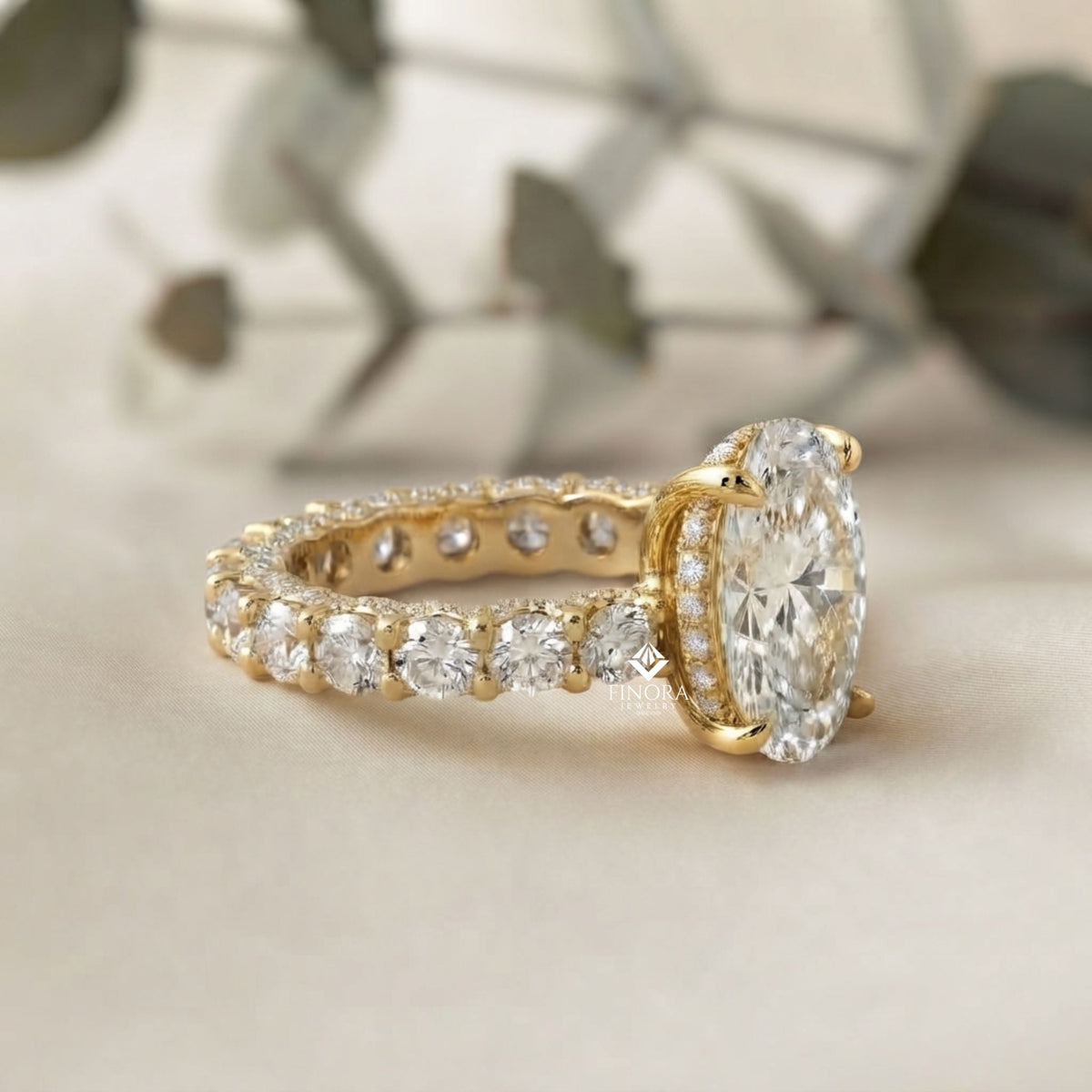 5ct oval cut lab grown diamond  solitaire eternity ring – pave band, dainty gold fine jewelry