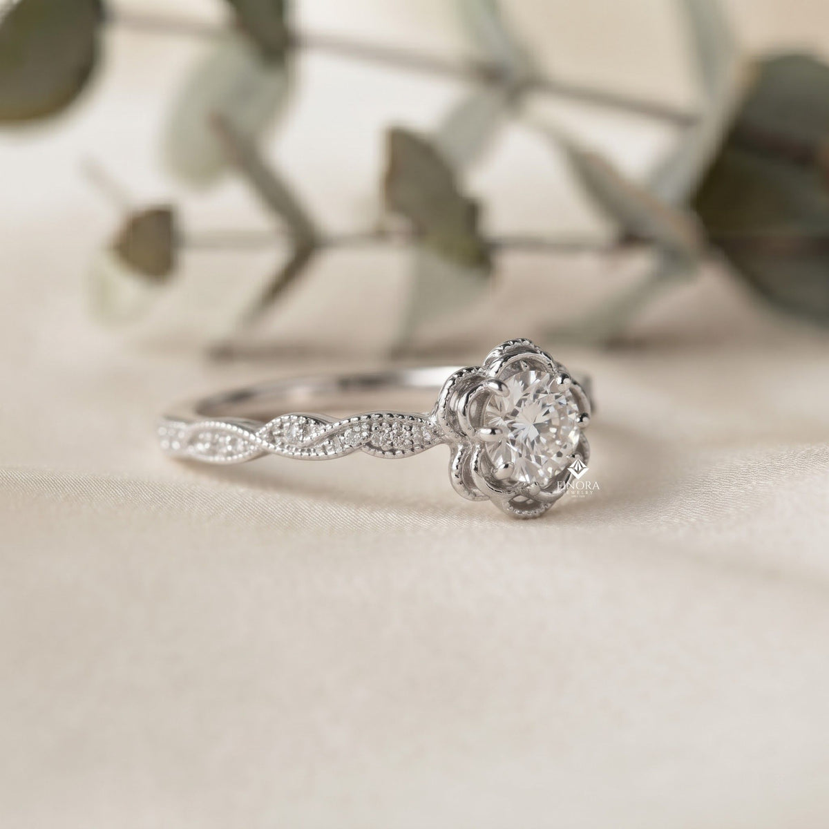 rose flower engagement ring –  botanical diamond vine band – romantic floral gold jewelry