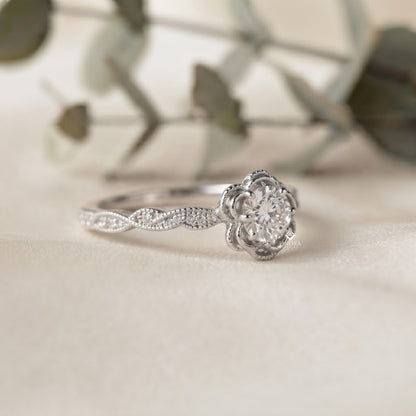 Rose Flower Engagement Ring –  Botanical Diamond Vine Band – Romantic Floral Gold Jewelry