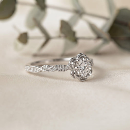 Rose Flower Engagement Ring –  Botanical Diamond Vine Band – Romantic Floral Gold Jewelry