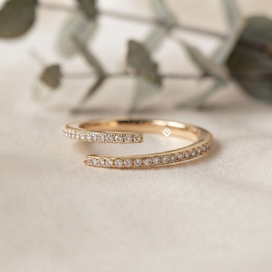 Adjustable Bypass Eternity Ring – Spiral Diamond Wrap Ring – Minimalist Gold Stacking Band