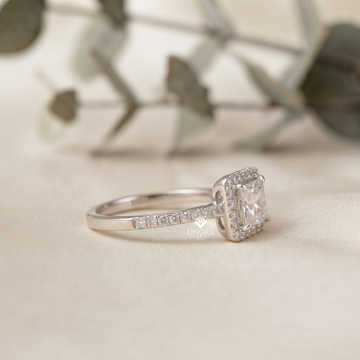 1.50 ct princess cut moissanite halo engagement ring in 925 silver / 10k & 14k gold