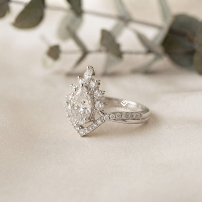 Pear Cut Moissanite Halo Engagement Ring 1.68 CT with Marquise & Round Side Stones in 925 Silver / 10K & 14K Gold