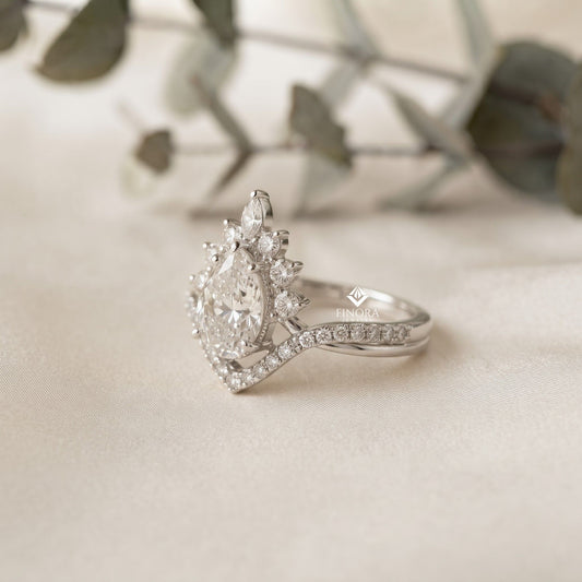 Pear Cut Moissanite Halo Engagement Ring 1.68 CT with Marquise & Round Side Stones in 925 Silver / 10K & 14K Gold