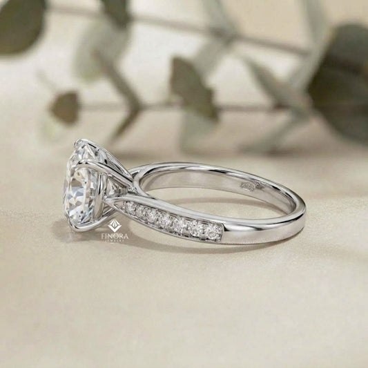 Brilliant Round Cut Engagement Ring with Pavé Diamond Band – Ideal Birthday Gift or Proposal Ring – Classic Elegance in Sterling Silver, 10K/14K Gold, or Platinum – Finora Luxe Edition