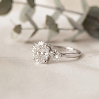 1.67 CT Oval Cut Moissanite Three Stone Engagement Ring with Pear Side Stones | 925 Silver & 10K/14K Gold | Finora Jewelry