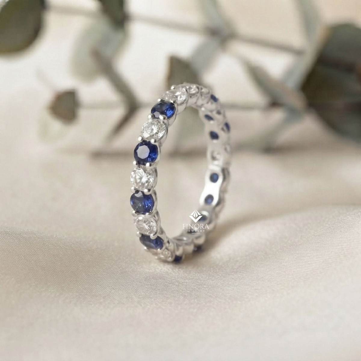 blue & colorless round cut moissanite full eternity wedding band, stackable ring – finora jewelry